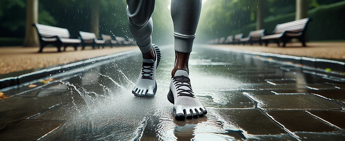 Barfußschuhe - ein Mann beim Joggen im Regen in Five Finger Shoes
