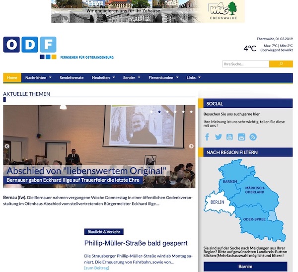 ODF TV - Fernsehen für Ostbrandenburg - Screenshot der Webseite odftv.de vom 01.03.2019